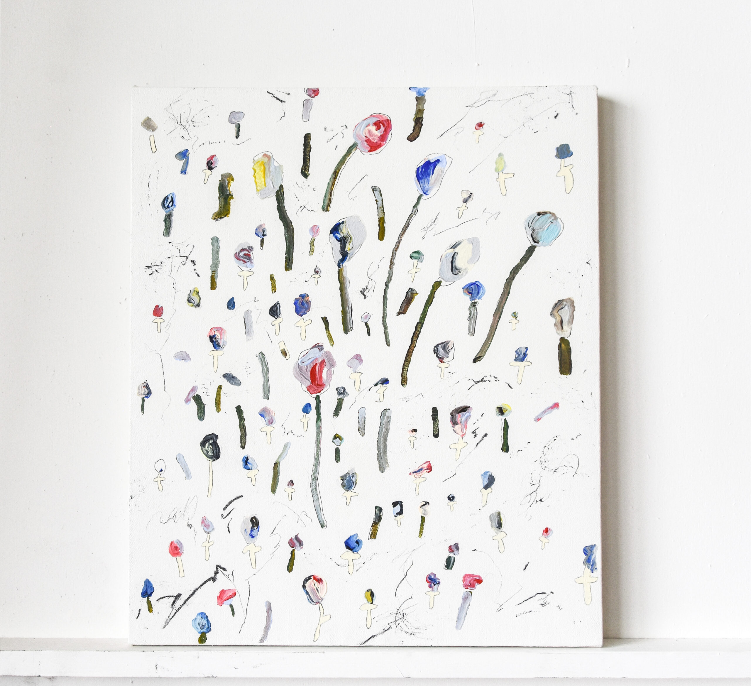 渋谷七奈《おはよう～(AM06:01) 》2022年　Acrylic paint, pencil, pen and charcoal on canvas 45.5×38×2 cm